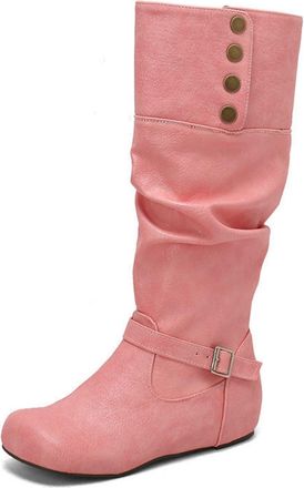 Generic Womens Round Toe PU Leather Knee High Boot Wedge Heel Long Boots with Buckle Pull on Retro Tall Boots,Pink,10.5 UK