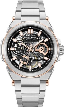 Kenneth Cole Skeleton Black Automatic Bracelet Watch, 42mm in Silver at Nordstrom