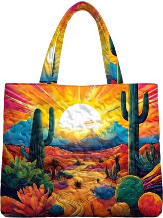 Generic Quilted Tote Bag - Oil Painting,Lightweight Retro Travel Reusable Large Shoulder Work Tote Bag,for Gym Q Desert
