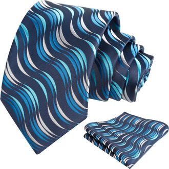 Alizeal Mens Wavy Stripes Necktie Novelty Multicolor Modern Party Porm Tie and Pocket Square Set, Teal Blue