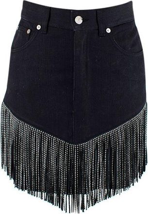 Saint Laurent Black Denim Skirt with Silver Studded Leather Fringing Size 28/71