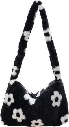 Generic Womens Plush Bags Women Plush Flower Pattern Shoulder Bags Elegant Female Underarm Fur Handbag Furry Fluffy Tote Design(Black Flower K)