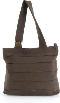 Ferragamo Brown Leather Canvas Handbag Shoulder Bag Tote Bag (Pre-Owned)