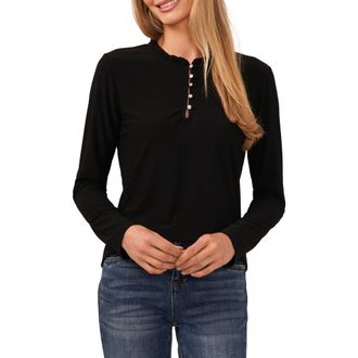 CeCe by Cynthia Steffe Ruffle Trim Knit Henley in Rich Black at Nordstrom, Size Large