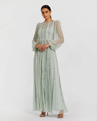 Mac Duggal Boat Neck Long Sleeve Beaded Dress In Mint