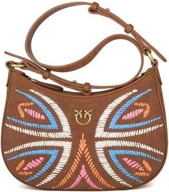 Pinko Half Moon Mini Fl Suede + Ricamo Rafia - female - PINKO - Shoulder Bags - Brown - ONE SIZE - Bags
