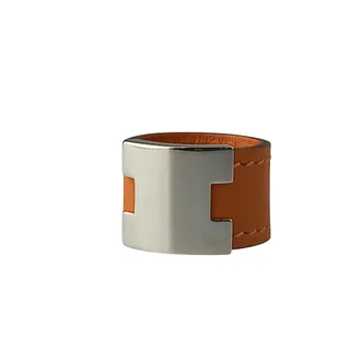 Herm&egrave;s Lurie Silver Orange Metal Swift Leather Band Ring (Pre-Owned)