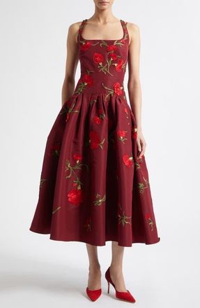 Carolina Herrera Embroidered Floral Silk Faille Dress in Rioja Multi at Nordstrom, Size 10