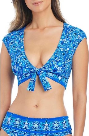 Bleu Rod Beattie Tie Front Cap Sleeve Bikini Top in Bleu Depths at Nordstrom, Size 14