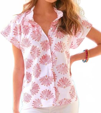 Finley Mended Peacock Print Jenny Top In Coral