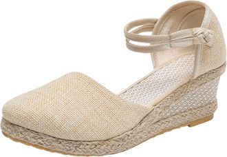 Generic Women Slope Heel Linen Summer Sandals Fashionable Thick Platform Beach Footwear Comfortable Casual Walking Shoes (Beige, 5.5)