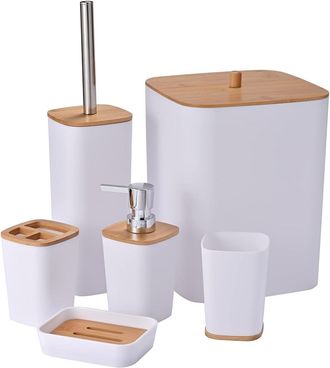 Trade Shop Trade Shop - Conjunto De Ba&ntilde;os Ba&ntilde;o Bambo 6pcs Moderno Banner Black Barbage Sapon Dispensador - Blanco