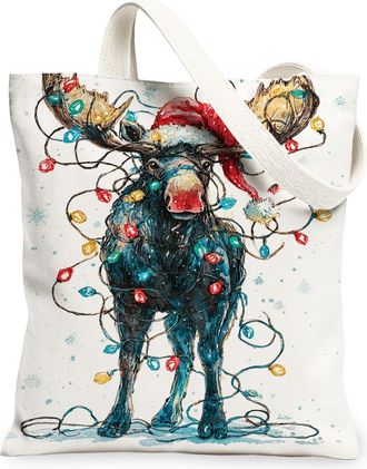 Generic Christmas Moose Canvas Tote Bags, Holiday Animal Pattern Reusable Grocery Bags, Lightweight Washable Shoulder Strap for Tra, White, 13x15 Inch