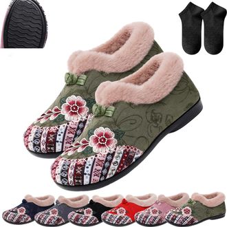 Generic Dritnow Boots,Womens Warm Floral Embroidered Winter Cotton Shoes,Non-Slip Soft-Soled Thickened Fur Lined Slip-on Loafer (Green, Adult, Adult, Women, 6