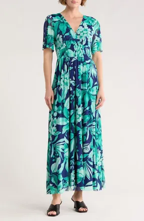 London Times Floral Smocked Flutter Sleeve Mesh Maxi Dress in Navy/Lake Green at Nordstrom Rack, Size 10