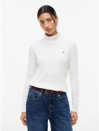 Tommy Hilfiger Womens Cable Knit Turtleneck Sweater - Ecru - XXL