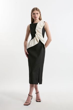 Karen Millen Womens Petite Textured Tailored Contrast Taffeta Ruffle Maxi Dress - Black - Size 10 UK