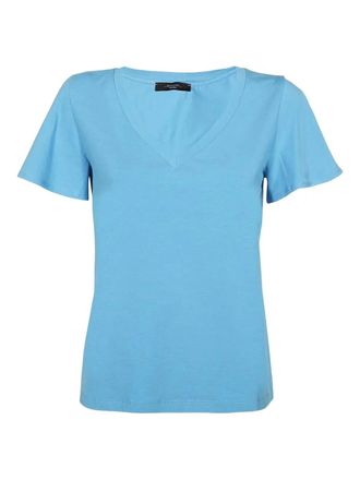 Max Mara V-neck ruffled-sleeve T-shirt - women - Cotton/Elastane - M - Blue