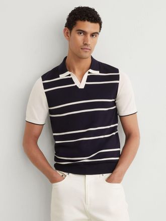 Reiss Navy & white Merino Wool Striped-knit Polo Jumper, Xxl