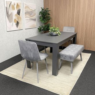Kosy Koala Modern Dark Grey Dining Table Set with 2 Grey Velvet Chairs & 2 Grey Benches in Brown