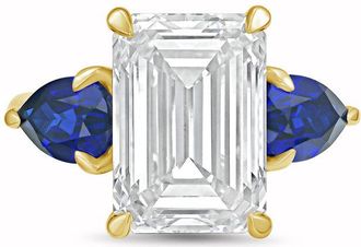 Diana M. Jewels 18kt yellow gold lab grown 12ct emerald diamond ring with sapphire pears on the sides