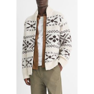 Vince Fair Isle Wool Blend Zip Cardigan in Bark Combo at Nordstrom Rack, Size Large/x-Large