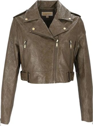 Michael Kors Jassen, Dames, Bruin, M, Leer, Crinkled Moto Jacket