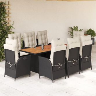 vidaXL Set De Comedor De Jard&iacute;n 9 Pzas Y Cojines Rat&aacute;n Sint&eacute;tico Negro Vidaxl