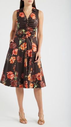 Tahari by ASL Shirred Bodice Sleeveless Stretch Cotton Midi Dress in Espresso Floral at Nordstrom, Size 12
