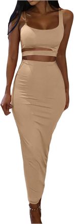 Generic Womens Two Piece Skirt Set Sexy Hollow Out Pleated Maxi Dress Summer Long Skirt and Crop Top Co Ord Set Elegant Party Outfit Beach Holiday Matching (K