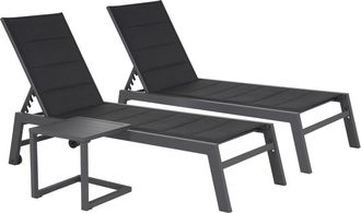 Happy Garden Lote de 2 tumbonas de aluminio negro textilene gris y mesa auxiliar