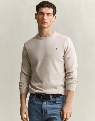 GANT Mens GANT Mens Classic Cotton Shield Logo Crew Neck Jumper - 215 Clay Beige - Tan - Size: 42