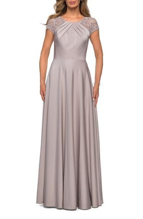 La Femme Long Satin Dress with Sheer Floral Lace Cap Sleeves in Silver at Nordstrom, Size 18