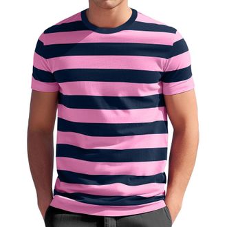Generic Mens Striped Shirt Short Sleeve Stripe Shirts Crewneck T-Shirts Classic Stylish Patchwork Tops Casual Workout Blouse Camisetas Hombre(Z02-Pink, XXL)