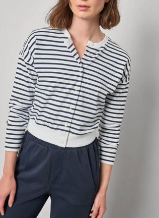 Lilla P Rib Trim Cardigan In Navy Stripe