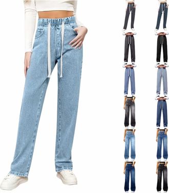 Generic High Waisted Jeans for Women UK, Womens Wide Leg Jeans UK Drawstring Elasticated Waist Denim Pants Straight Tube Loose Stretchy Dress Jean Baggy Pull 