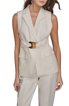 DKNY Belted Linen Blend Long Vest in Cream at Nordstrom, Size 10