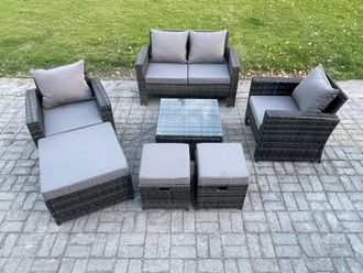 Fimous Rattan Wicker Garden Furniture Patio Conservatory Sofa Set with Square Coffee Table Armchair 2 Seater Sofa 3 Footstools in Dark Grey