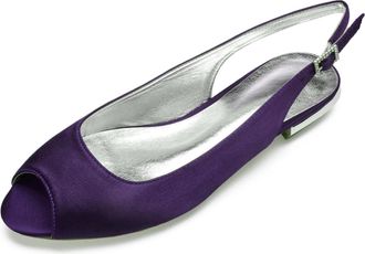 Generic Womens Wedding Dress Shoes Low Heel Bridal Shoes Sandals Satin Evening Party Work Flat Comfortable Buckle Open Toe Satin Shoes,Dark Purple,5 UK