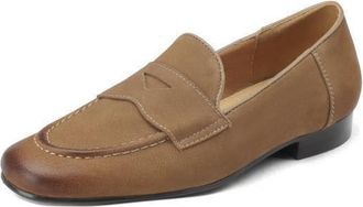 TinaCus Womens Suede Leather Handmade Slip On Round Toe Classic Office Loafers Flats Shoes, Khaki, 1.5 UK