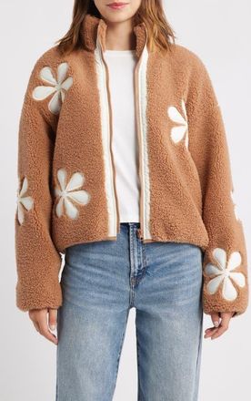 Thread & Supply Flower Patch Faux Shearling Jacket in Beige Ivory Combo at Nordstrom, Size X-Large