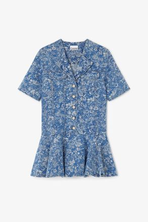 Ganni Blue Tapestry Mini Dress - Size 10/12 Organic Cotton