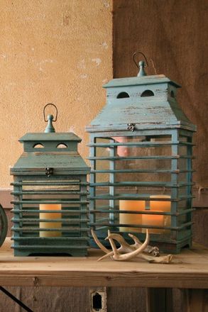 Kalalou Set Of Two Vintage Blue Shutter Lanterns