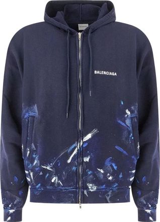 Balenciaga Hoodie met rits en verfspatten- oversized pasvorm - Heren - Vesten met rits - Blauw - M - Katoen - Hoodies & sweatvesten