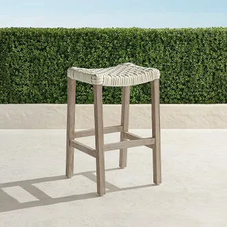 Frontgate Isola Teak Backless Bar Stool in Weathered Teak & Washed White Wicker - Frontgate