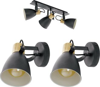 Loops Ceiling Spot Light & 2x Matching Wall Lights Black & Wood Adjustable Shade