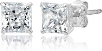 MAX + STONE 14k Solid White Gold Princess Cut Stud Earrings with Genuine Swarovski Zirconia