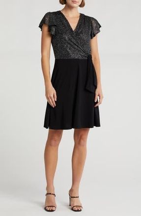 Tash And Sophie Glitter Dot Short Sleeve Faux Wrap Dress in Black/Silver at Nordstrom Rack, Size Small