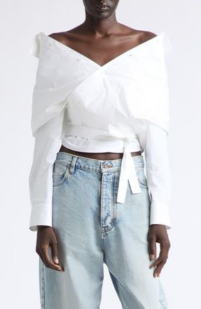 Balenciaga Off the Shoulder Cotton Poplin Wrap Shirt in 9000 White at Nordstrom, Size 44
