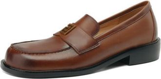 Generic Womens Slip on Flat Loafers Square Toe Office Dress Shoes PU Leather Work Shoes with Metal Accent,Brown,5.5 UK